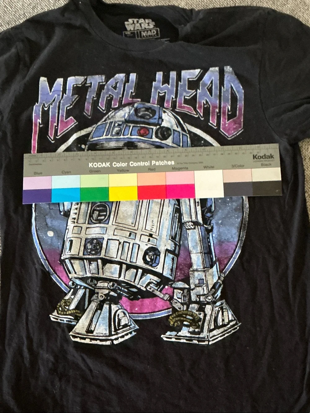 Star Wars Black R2-D2 Metal Head Graphic Tee with Purple and Blue Accents